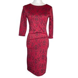 Rhapsodielle Womens Floral Evening Dress Size Small Midi Length Artsy Red Black